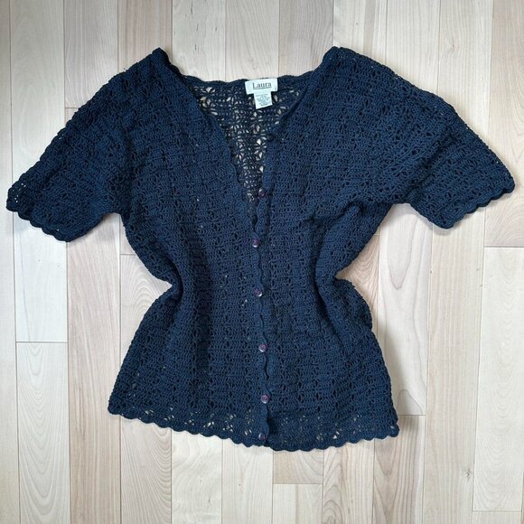 Vintage Navy Crochet Top 100% Cotton, Scalloped Hem - Picture 2 of 8